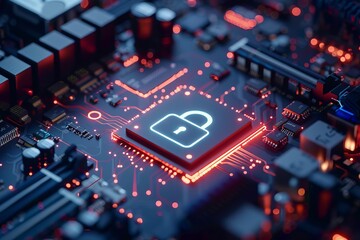 Glowing lock symbol on CPU with dynamic holographic shield
