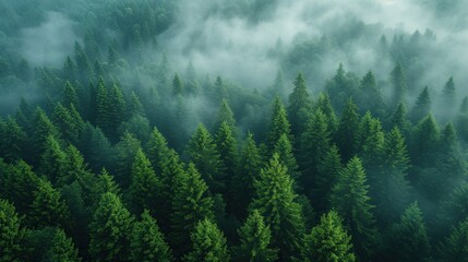 a view from the top of a pine forest shrouded in mist in the morning - obrazy, fototapety, plakaty