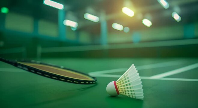 Cream white badminton shuttlecock and racket with neon light shading on green floor in indoor badminton court, blurred badminton background, copy space