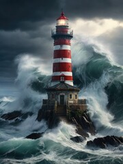 Nature's Fury Unleashed: Dramatic Lighthouse in the Midst of a Terrifying Storm and Torrential Rain