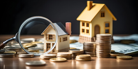 This image showcases multiple wooden house models placed on increasing stacks of coins Real estate agent or realtor signing mortgage agreement. - obrazy, fototapety, plakaty