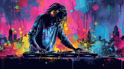 Vibrant music dj with colorful graffiti background - obrazy, fototapety, plakaty