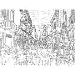 Building view in the market sketch with the carnival and people shopping