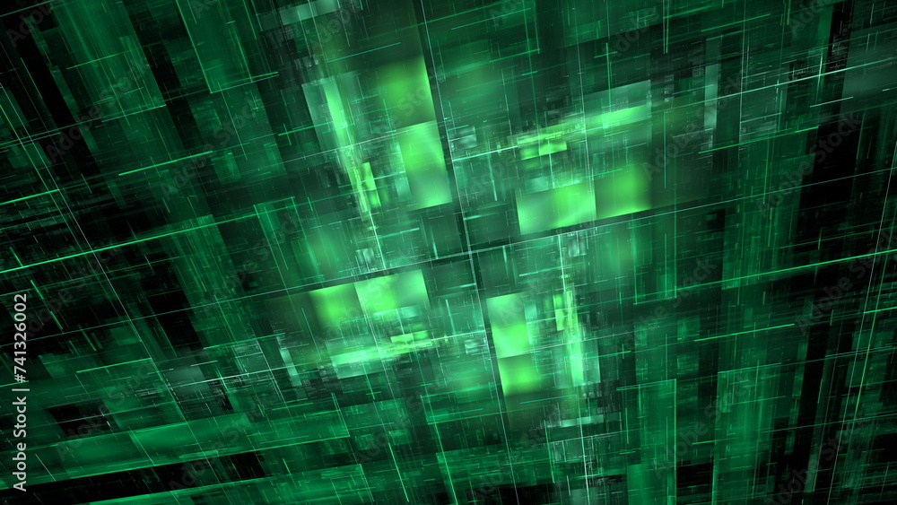 Poster matrix of neon green digital lattice shimmering with energy and depth. 3d render