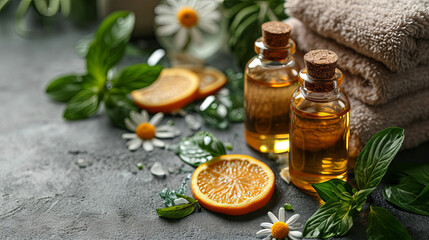Spa concept, towels and oils, relaxation time, orange and green background