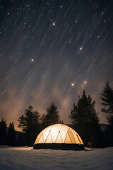 Night glamping with an illuminated yurt under the starry sky