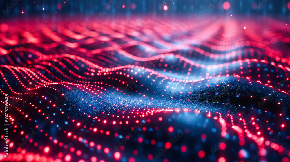 Poster glowing blue digital wave, abstract technology and network concept, futuristic particle flow backgro