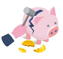 piggy bank with money and  hit the hammer