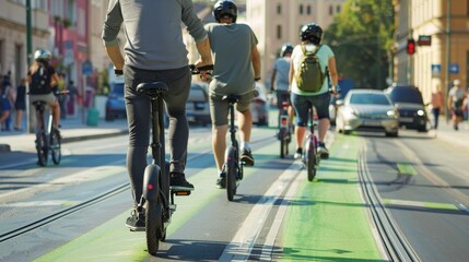 Eco-Friendly Commute - Bicycles, electric scooters, and carpool lanes in an urban setting, promoting alternative transportation methods. 