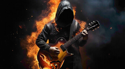 guitar background with fire blaze fire with lights and colorful guitar stand abstract background...