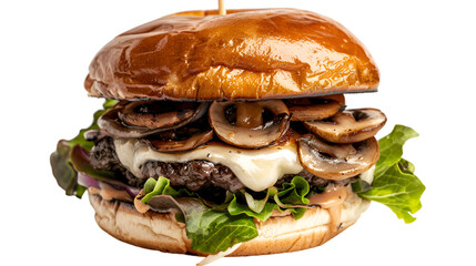Mushroom Swiss Burger on isolated on transparent png background. Generative ai