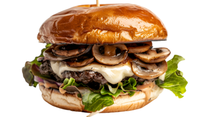 Mushroom Swiss Burger on isolated on transparent png background. Generative ai