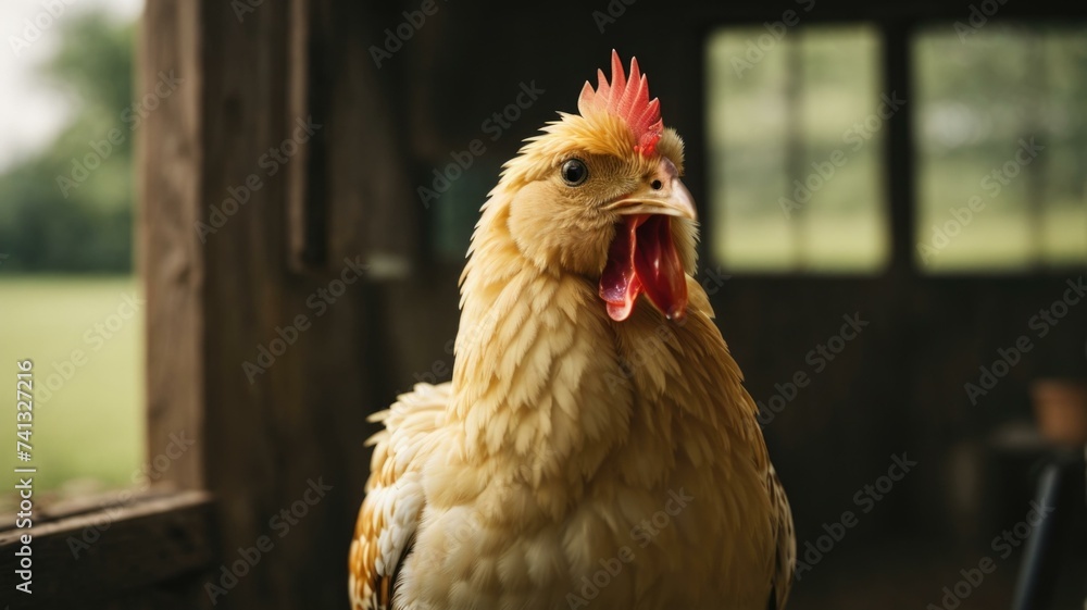 Poster a chicken is standing in front of a window. generative ai.