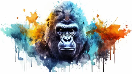 Foto op Plexiglas gorilla portrait of a monkey, watercolor illustration on a white background, liquid paint spots, print for design © kichigin19