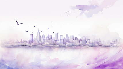 purple, lavender silhouette of the city, spring watercolor illustration on a white background, cityline liquid paint