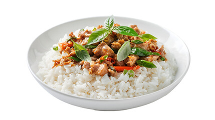 Rice topped with stir-fried pork and basil on isolated on transparent png background. Generative ai