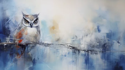 Fototapeten owl on a branch, art work painting in impressionism style, light background white and blue shade design, background copy space © kichigin19