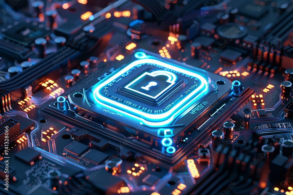 Poster futuristic cpu security with holographic lock