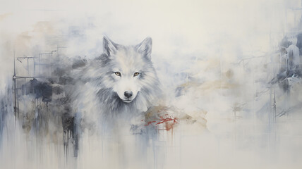 portrait of a wolf or dog in the style of impressionism, light white background copy space in light blue and gray tones
