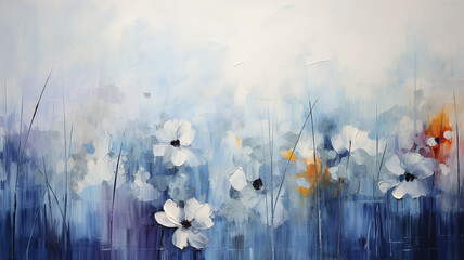art abstraction impressionism painting background flowers, white and blue light background copy space, spring backdrop