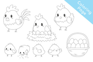Cute farm chickens black and white outline cartoon vector for kids coloring page. Printable coloring page template cartoon vector.
