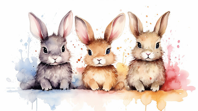 recommend clip art: a group of watercolor rabbits isolated on a white background, illustration for children