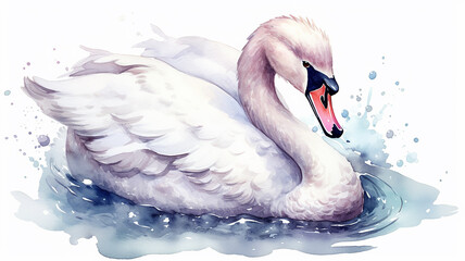white swan watercolor illustration on a white background - obrazy, fototapety, plakaty
