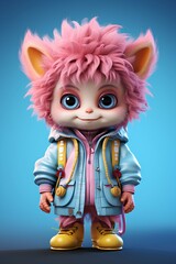 weird cute cartoon pink fluffy character on blue background
