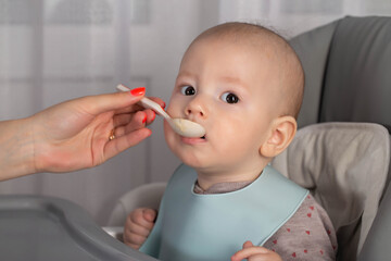 A mother feeds a baby boy who is 8 months old with meat puree. Feeding an infant. Close-up, copy space for text