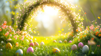 Beautiful floral arch in a sunlit garden with colorful Easter eggs among flowers in green grass