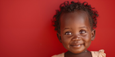 Banner with cute african baby with copy spcae over red background.