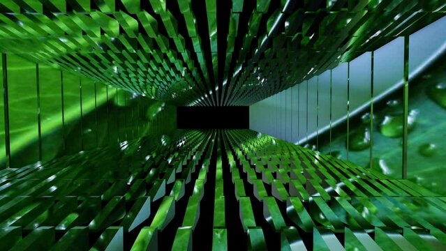 green glass Space Background Material. Animated green color 3d rectangular mesh seamless looping tunnel background