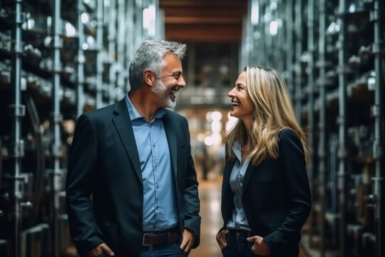 Female engineer and manager discussing production in modern industrial factory with robotics