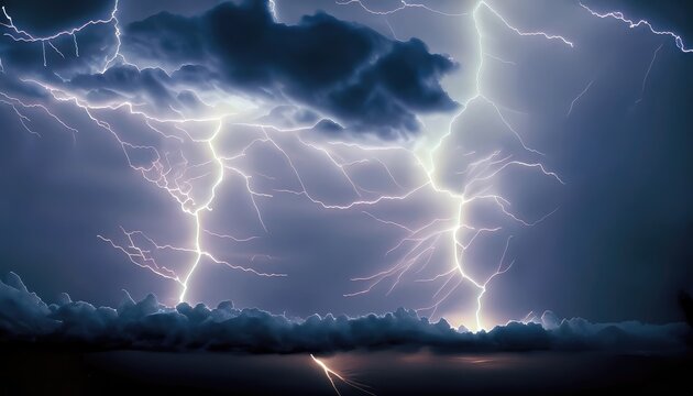 Digitally generated stormy dark sky with lightning bolts