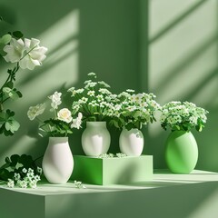 green shamrocks and white flowers showcase