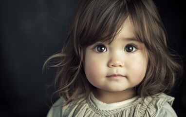 A close-up of a childs face against a black background, capturing their expression and features in detail