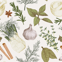 Seamless pattern with hand drawn herbs and spices. Vintage style culinary illustrations, vector - 741329680