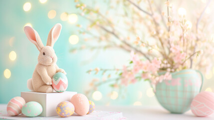 Toy rabbit on a podium with Easter eggs and Easter decorations in soft pastel colors against the background of spring flowers
