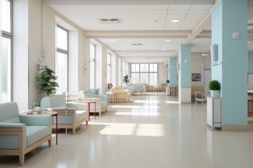 Contemporary interior design of a modern medical clinic hallway with stylish decor and lighting