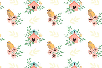 Hand drawn spring birds and birdhouse pattern with flowers. Vector illustration isolated. Can used for wrapping paper, textile, clothes. greeting card, wallpapers. 