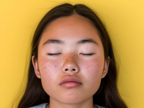 A multiracial young girl with freckles on her face, showcasing natural beauty and unique features
