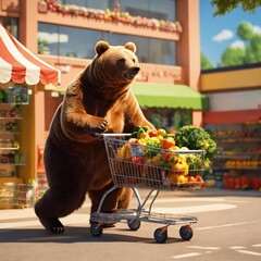 animated bear carrying a supermarket cart