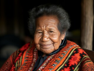 An old woman of diverse ethnicity wearing a vibrant jacket, smiling warmly - obrazy, fototapety, plakaty