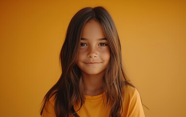 A multiracial young girl with long hair wearing a yellow shirt - obrazy, fototapety, plakaty