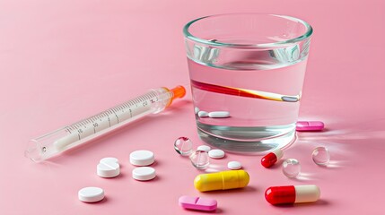 pills and thermometer, Electronic thermometer and pills on a pink background. High temperature degrees Celsius on display. Glass cup with water,  Copy space - obrazy, fototapety, plakaty
