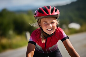 Portrait of a smiling girl riding a bicycle on a country road