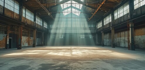 A large and old abandoned factory building with large windows and sunrays illustration