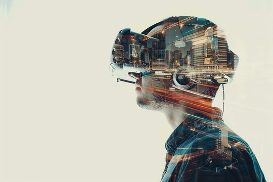 Multi-exposure horizontal close-up photo of a man wearing virtual reality glasses, enjoying a VR headset, watching a 3D movie, getting new impressions of cyberspace.