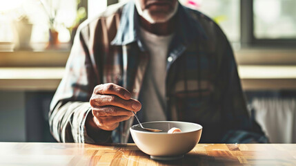 An elderly man with gray beard eats alone, holding a spoon with a trembling hand. Sick lonely man with psychological illness