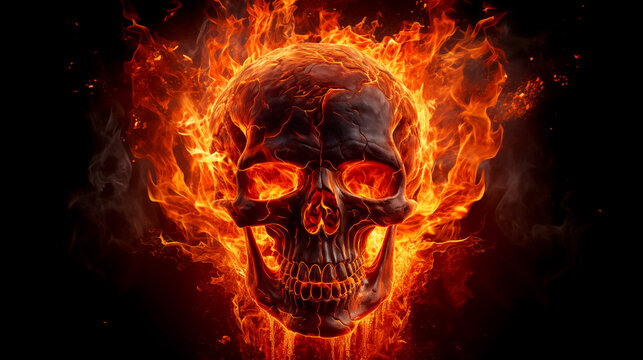 Flaming Skull Illustration: A fiery depiction of death and danger, embodying Halloween's spooky essence with elements of horror and grunge in a symbolic skull engulfed in flames